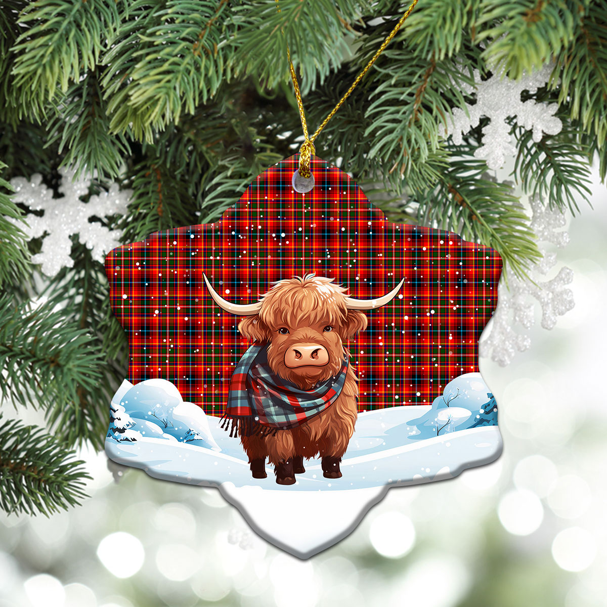 Innes Modern Tartan Christmas Ceramic Ornament - Highland Cows Snow Style