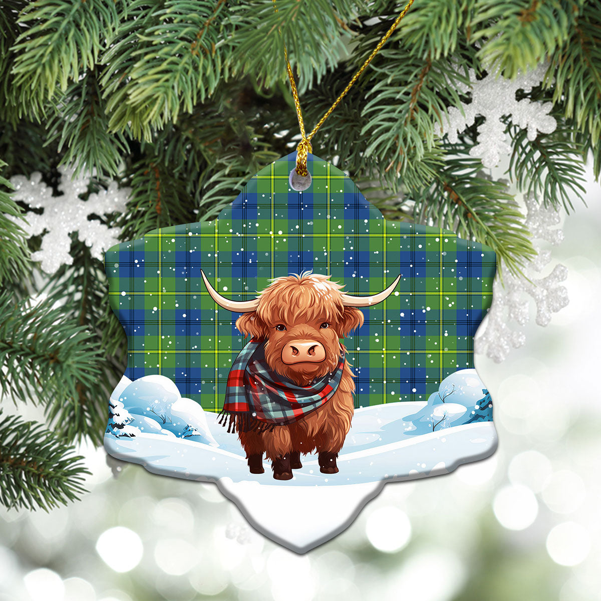 Johnson Ancient Tartan Christmas Ceramic Ornament - Highland Cows Snow Style