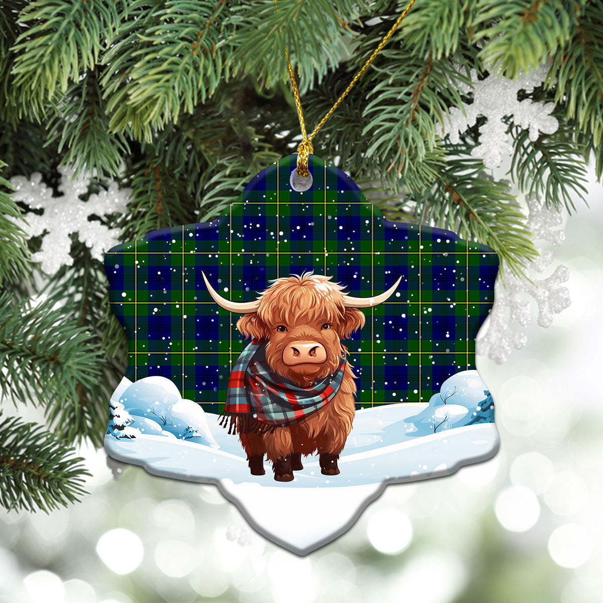 Johnston Modern Tartan Christmas Ceramic Ornament - Highland Cows Snow Style