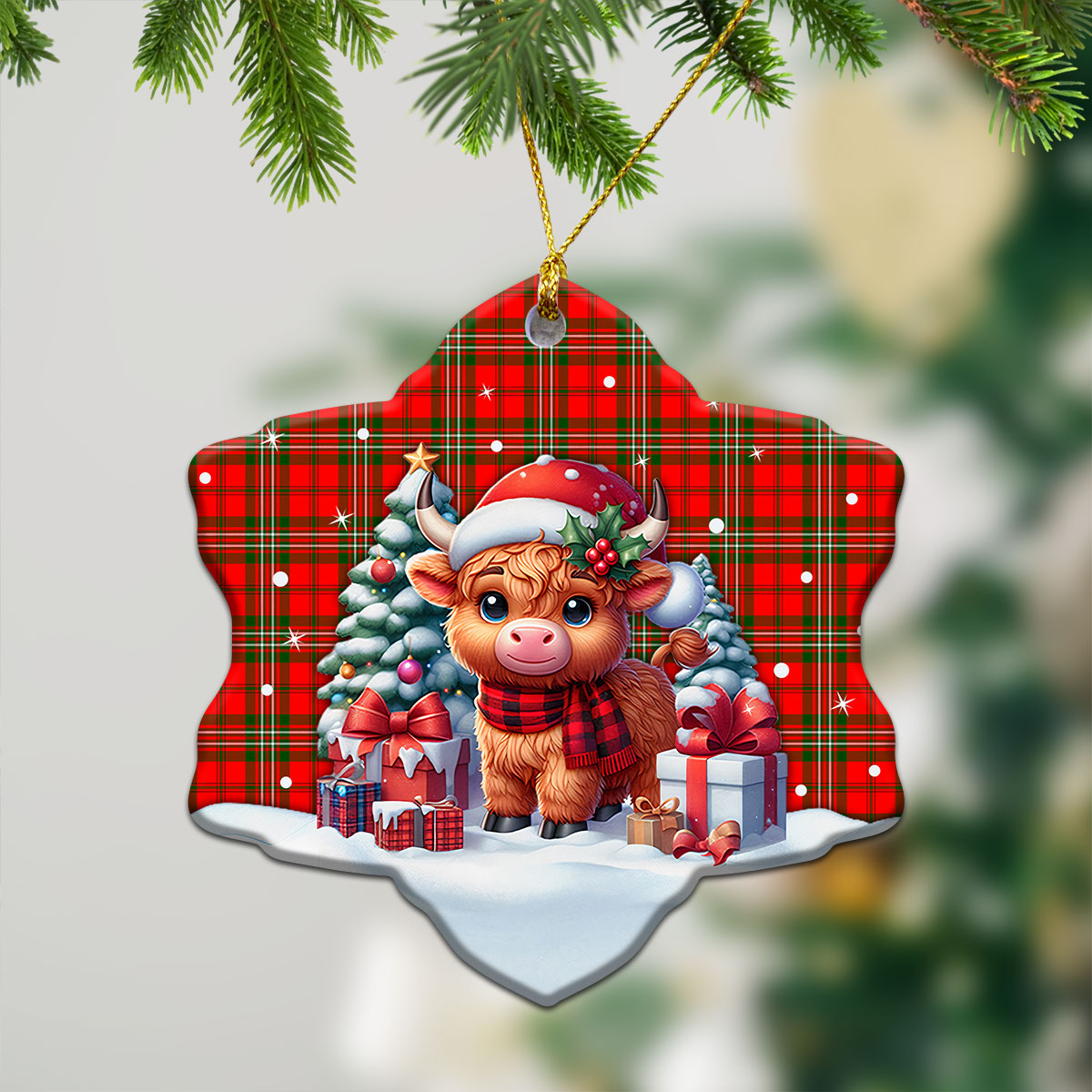 Langlands Tartan Christmas Ceramic Ornament - Highland Cow Winter Style