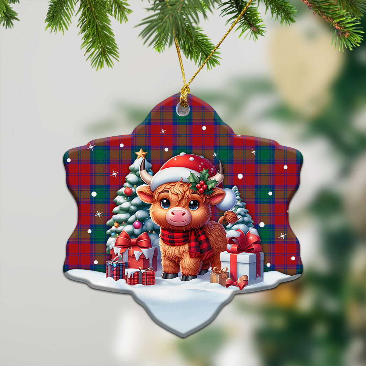 Lindsay Modern Tartan Christmas Ceramic Ornament - Highland Cow Winter Style