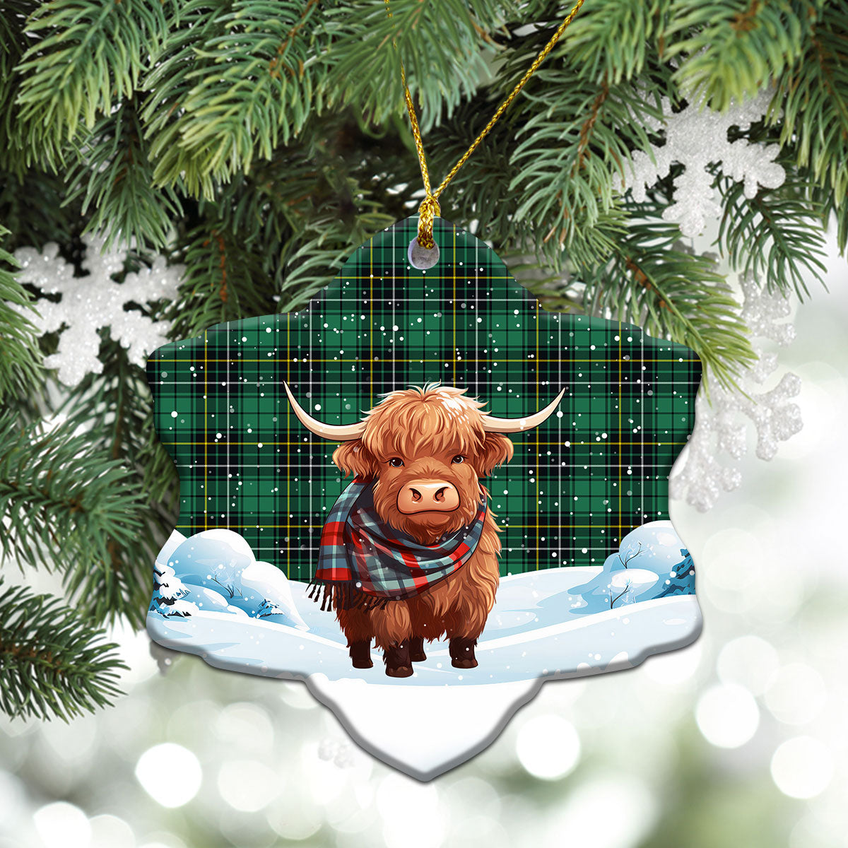 MacAlpine Ancient Tartan Christmas Ceramic Ornament - Highland Cows Snow Style