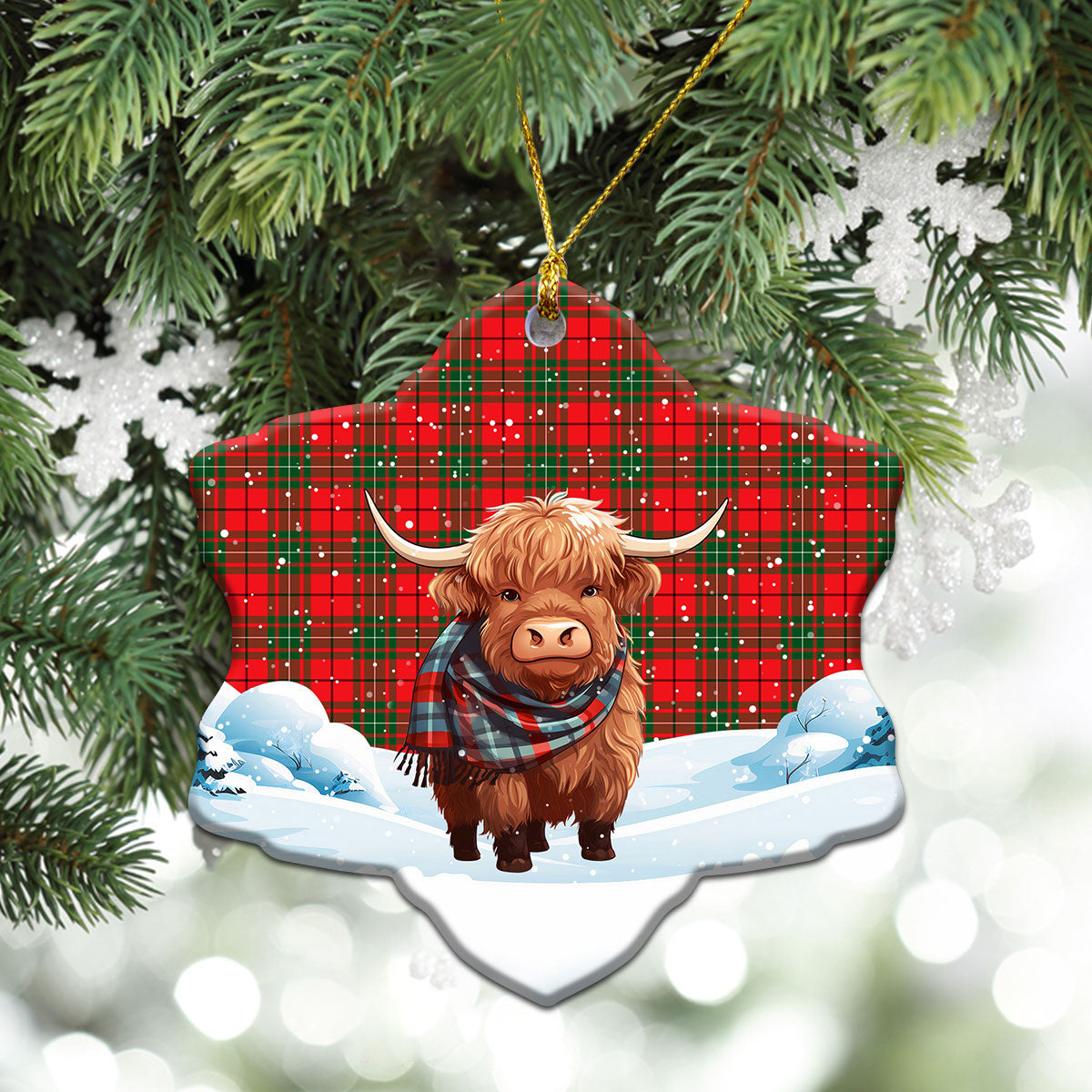 MacAulay Modern Tartan Christmas Ceramic Ornament - Highland Cows Snow Style