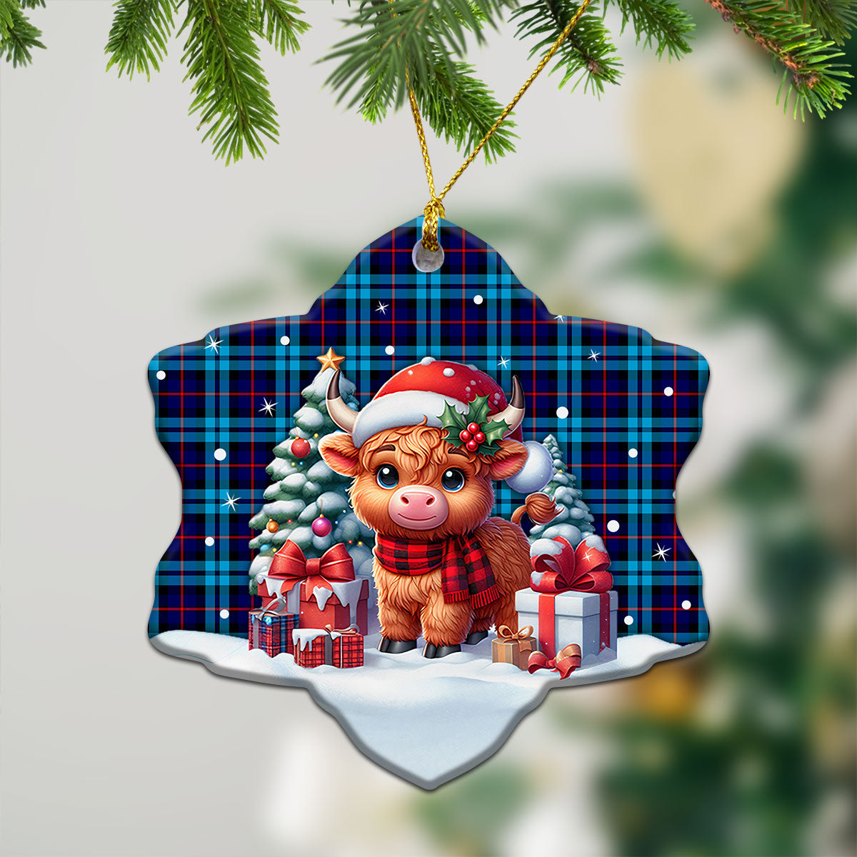 MacCorquodale Tartan Christmas Ceramic Ornament - Highland Cow Winter Style