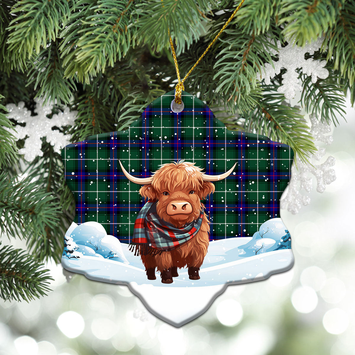 MacDonald of the Isles Hunting Modern Tartan Christmas Ceramic Ornament - Highland Cows Snow Style