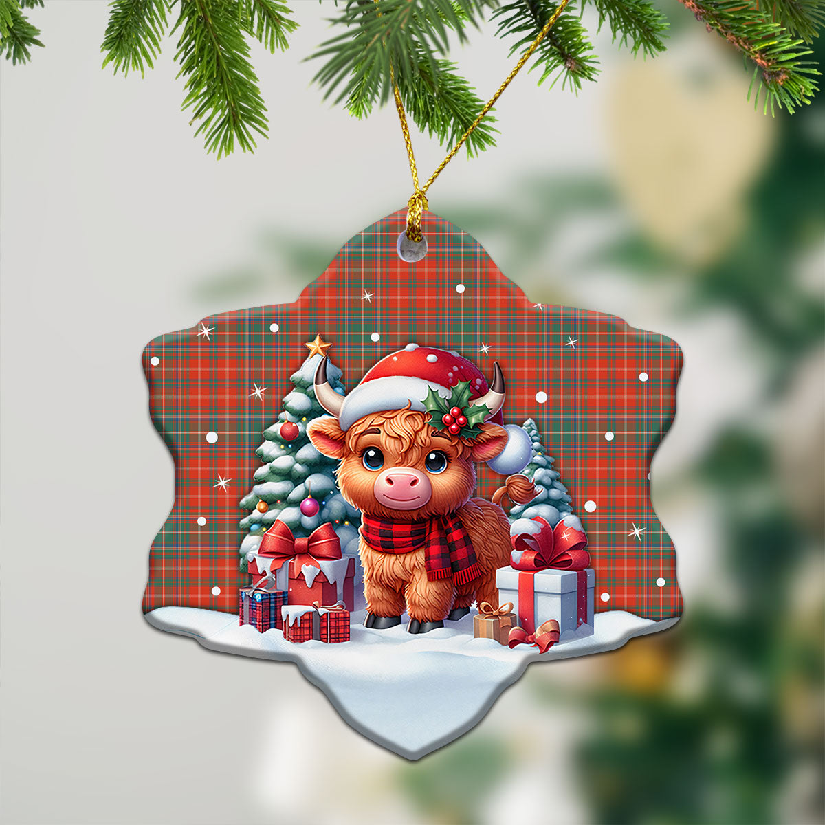 MacDougall Ancient Tartan Christmas Ceramic Ornament - Highland Cow Winter Style