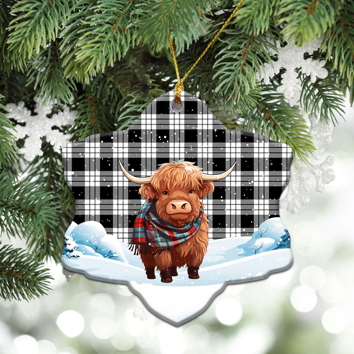 MacFarlane Black _ White Tartan Christmas Ceramic Ornament - Highland Cows Snow Style