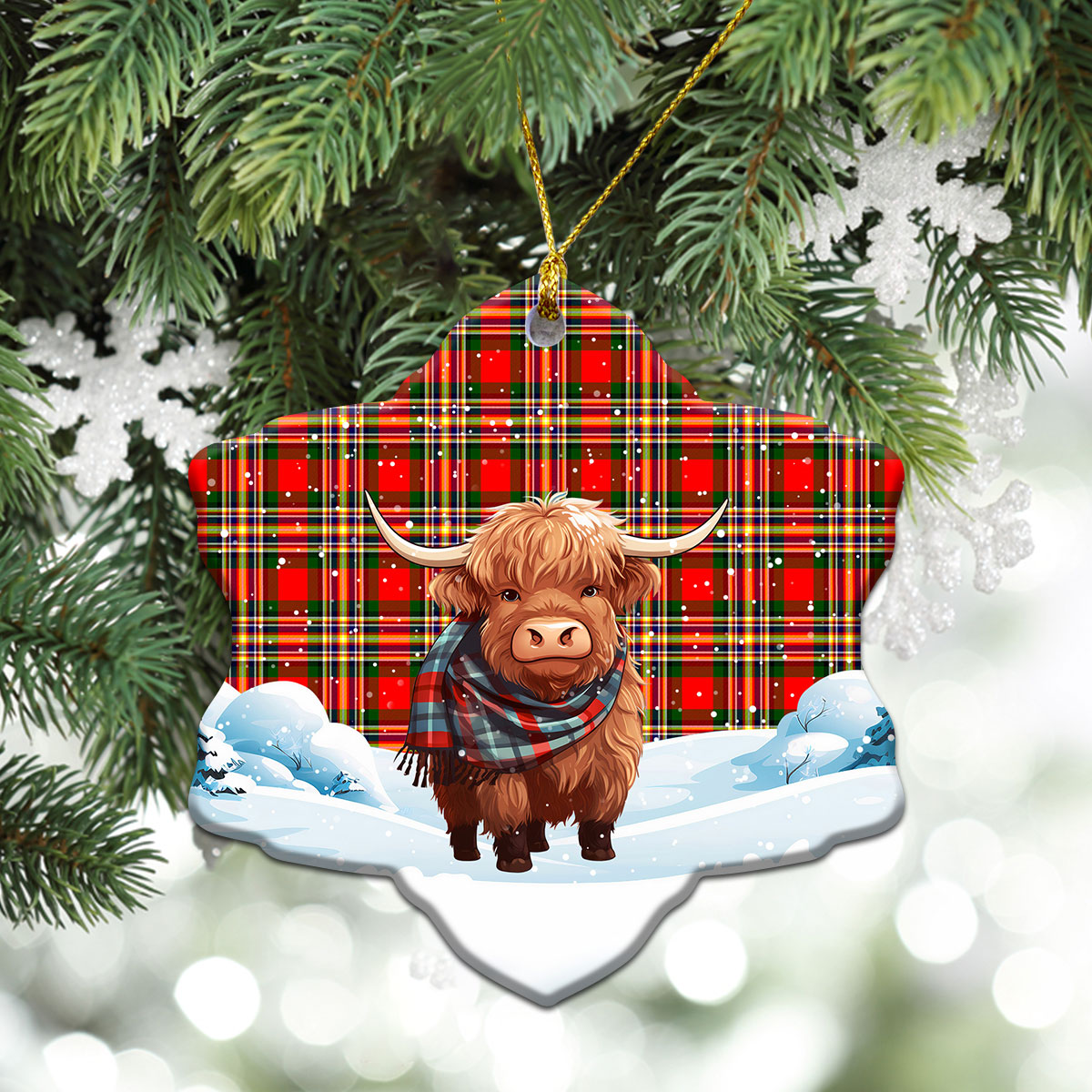 MacGill Modern Tartan Christmas Ceramic Ornament - Highland Cows Snow Style