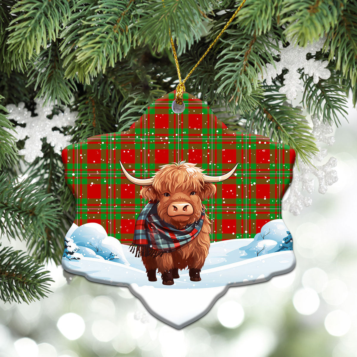 MacGregor Modern Tartan Christmas Ceramic Ornament - Highland Cows Snow Style