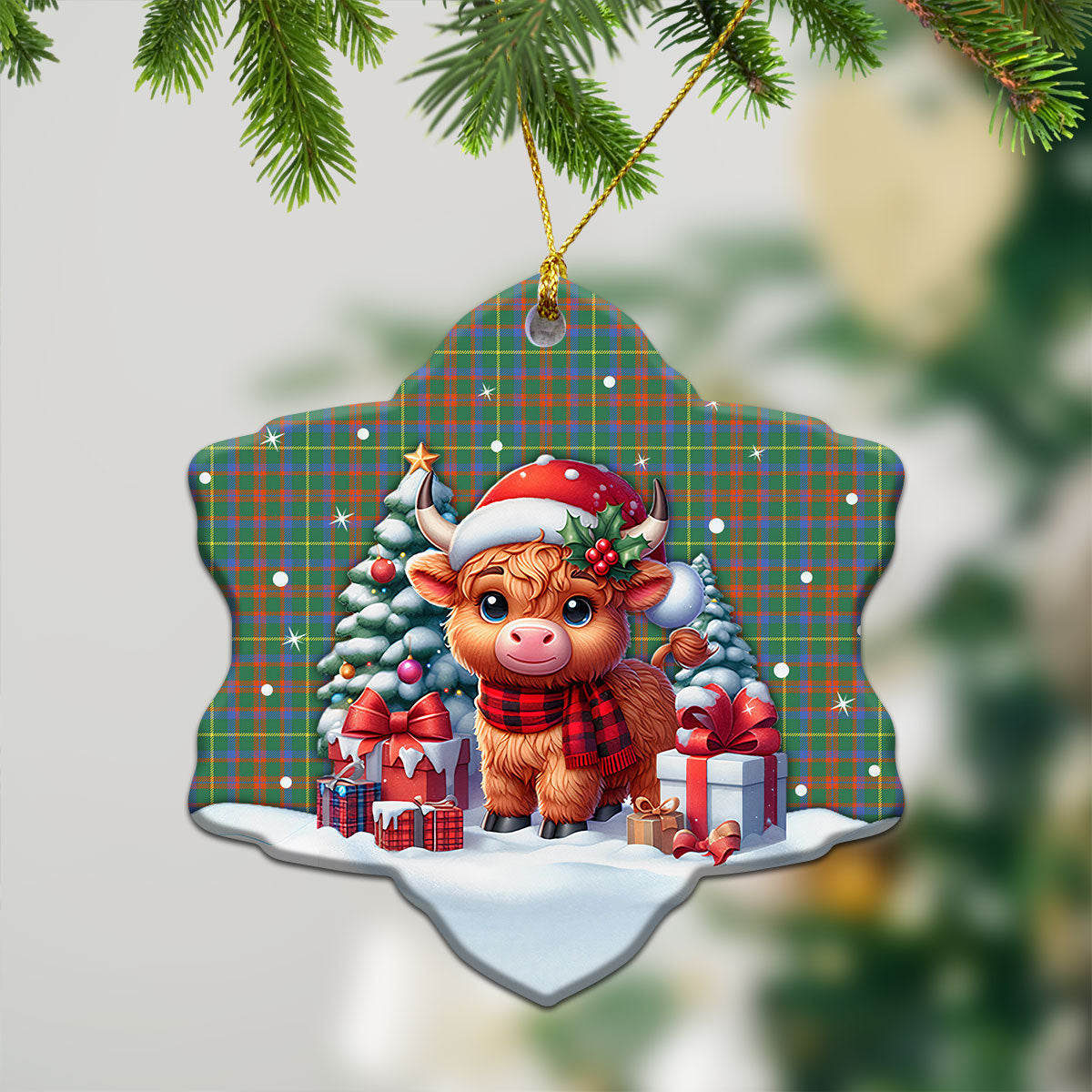 MacIntosh Hunting Ancient Tartan Christmas Ceramic Ornament - Highland Cow Winter Style