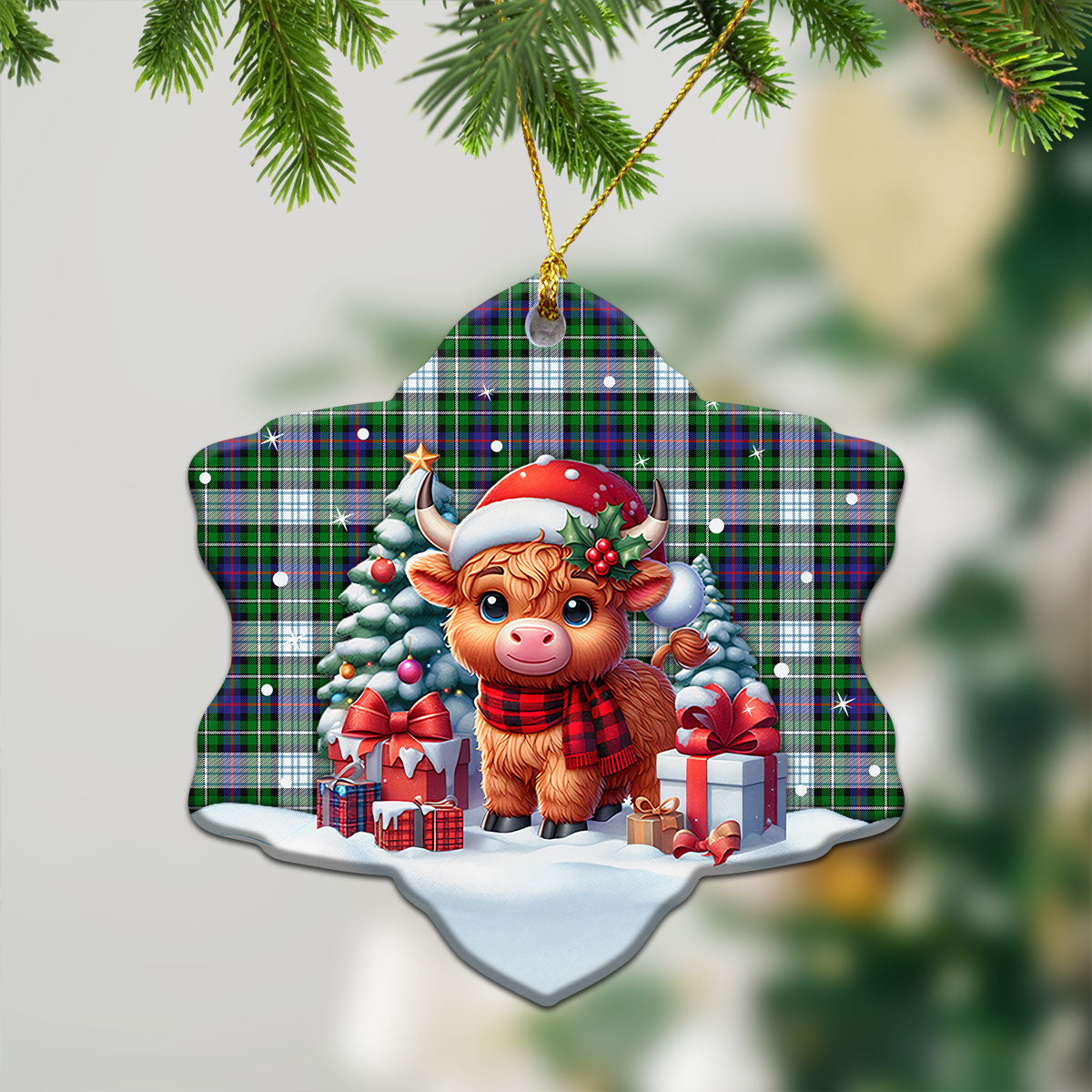 MacKenzie Dress Modern Tartan Christmas Ceramic Ornament - Highland Cow Winter Style