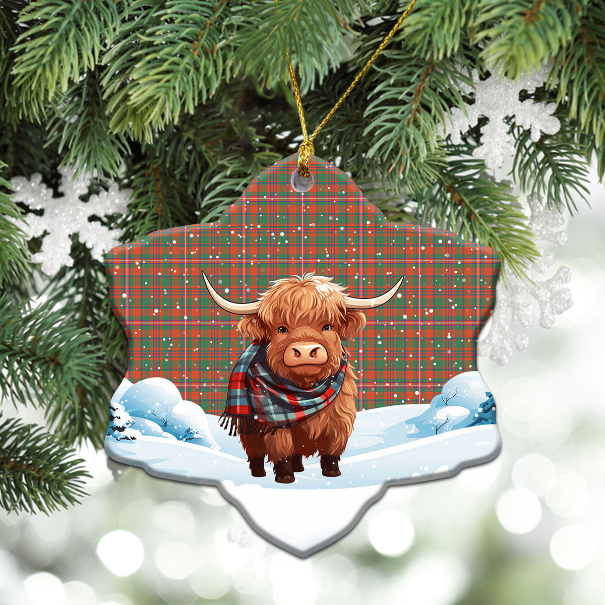 MacKinnon Ancient Tartan Christmas Ceramic Ornament - Highland Cows Snow Style