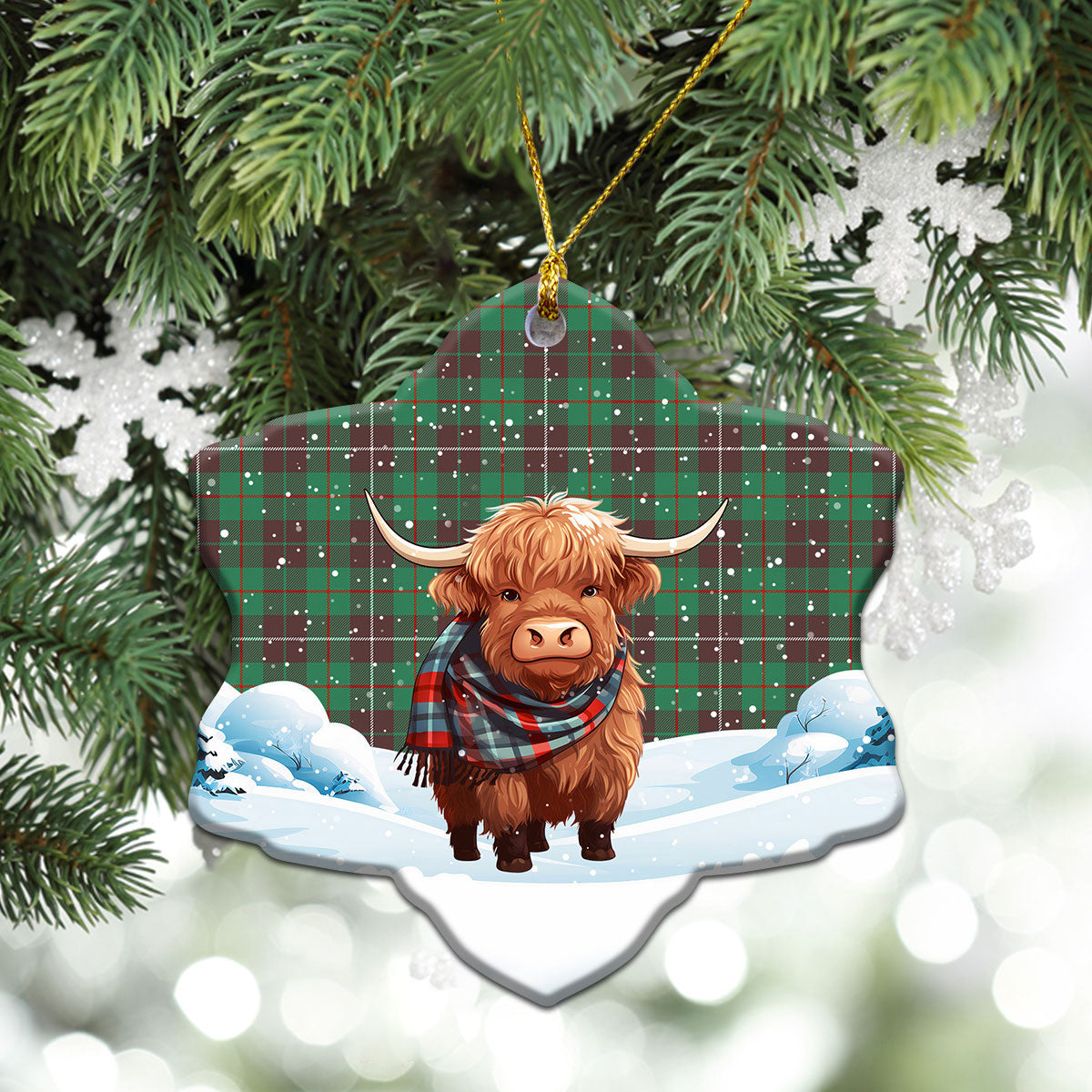 MacKinnon Hunting Ancient Tartan Christmas Ceramic Ornament - Highland Cows Snow Style