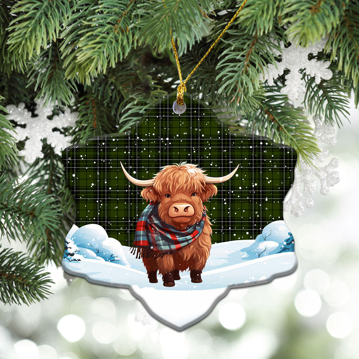 MacLean Hunting Tartan Christmas Ceramic Ornament - Highland Cows Snow Style