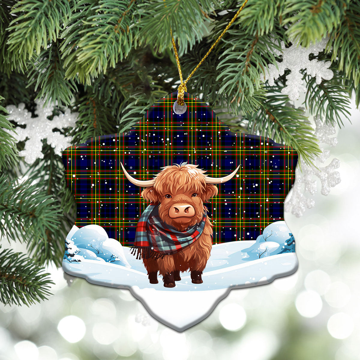 MacLellan Modern Tartan Christmas Ceramic Ornament - Highland Cows Snow Style