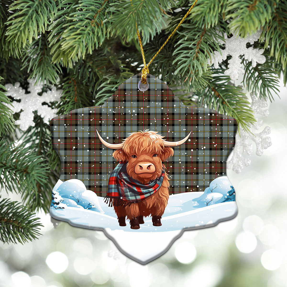 MacLeod of Harris Weathered Tartan Christmas Ceramic Ornament - Highland Cows Snow Style