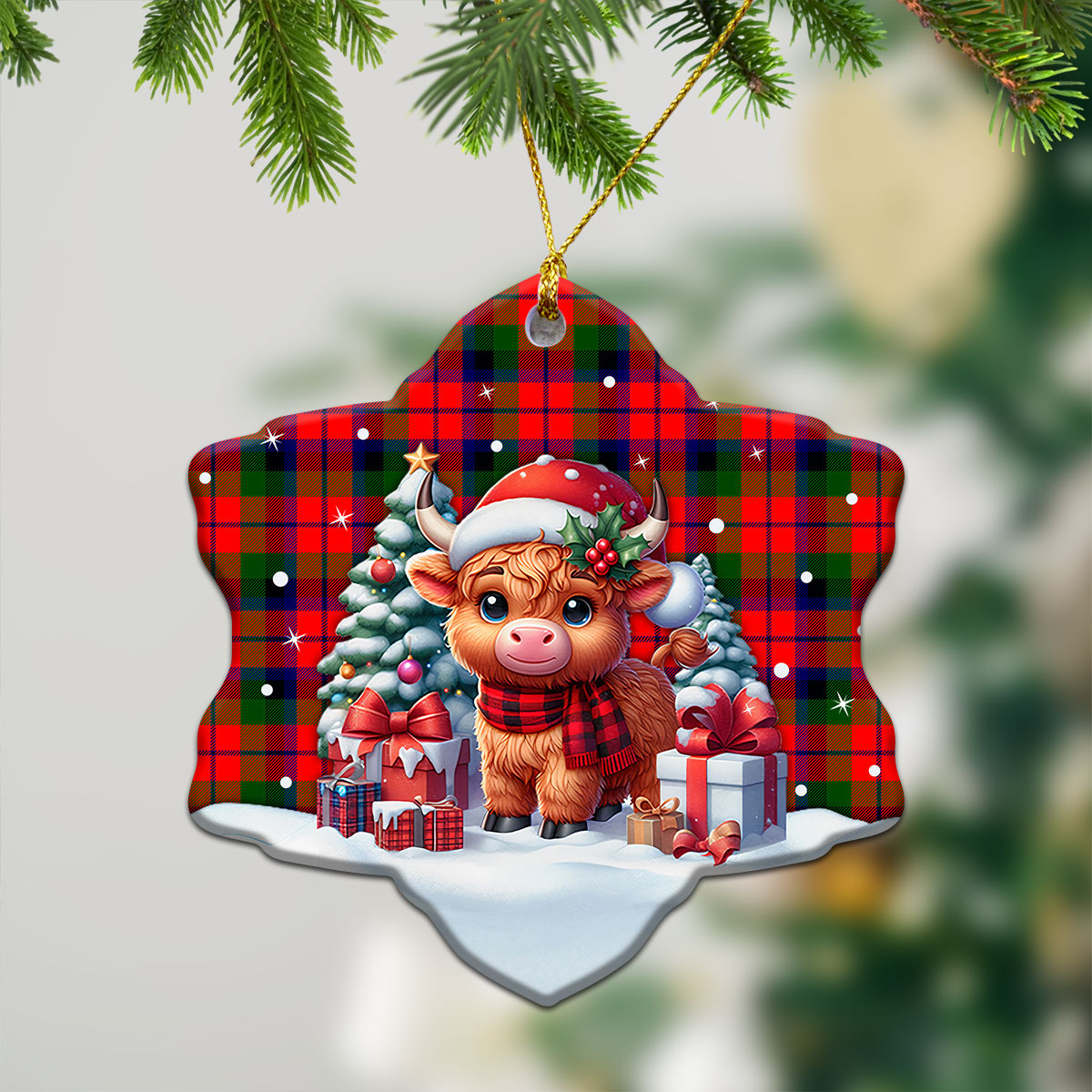 MacNaughten Tartan Christmas Ceramic Ornament - Highland Cow Winter Style