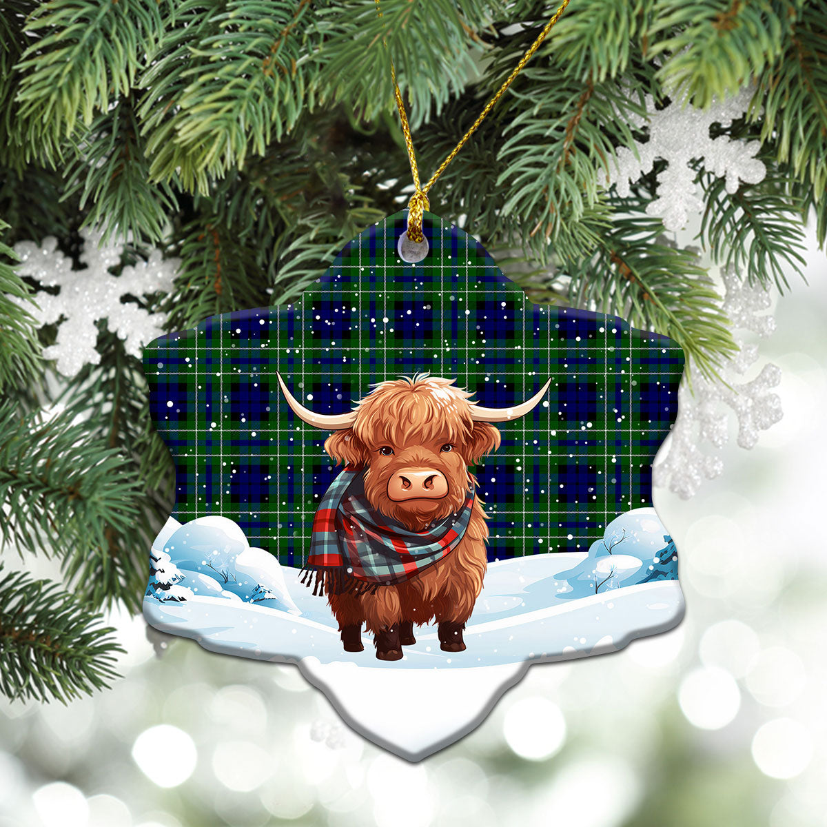 MacNeil of Colonsay Modern Tartan Christmas Ceramic Ornament - Highland Cows Snow Style