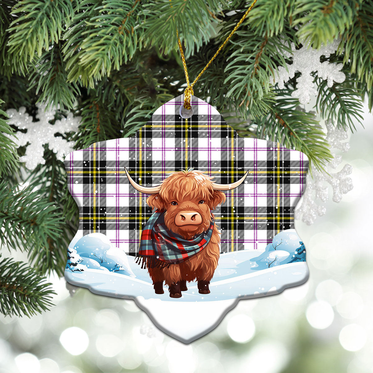 MacPherson Dress Modern Tartan Christmas Ceramic Ornament - Highland Cows Snow Style