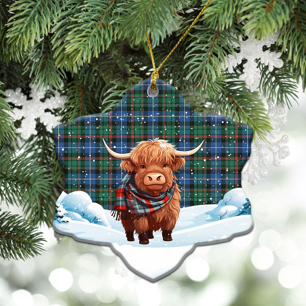 MacRae Hunting Ancient Tartan Christmas Ceramic Ornament - Highland Cows Snow Style
