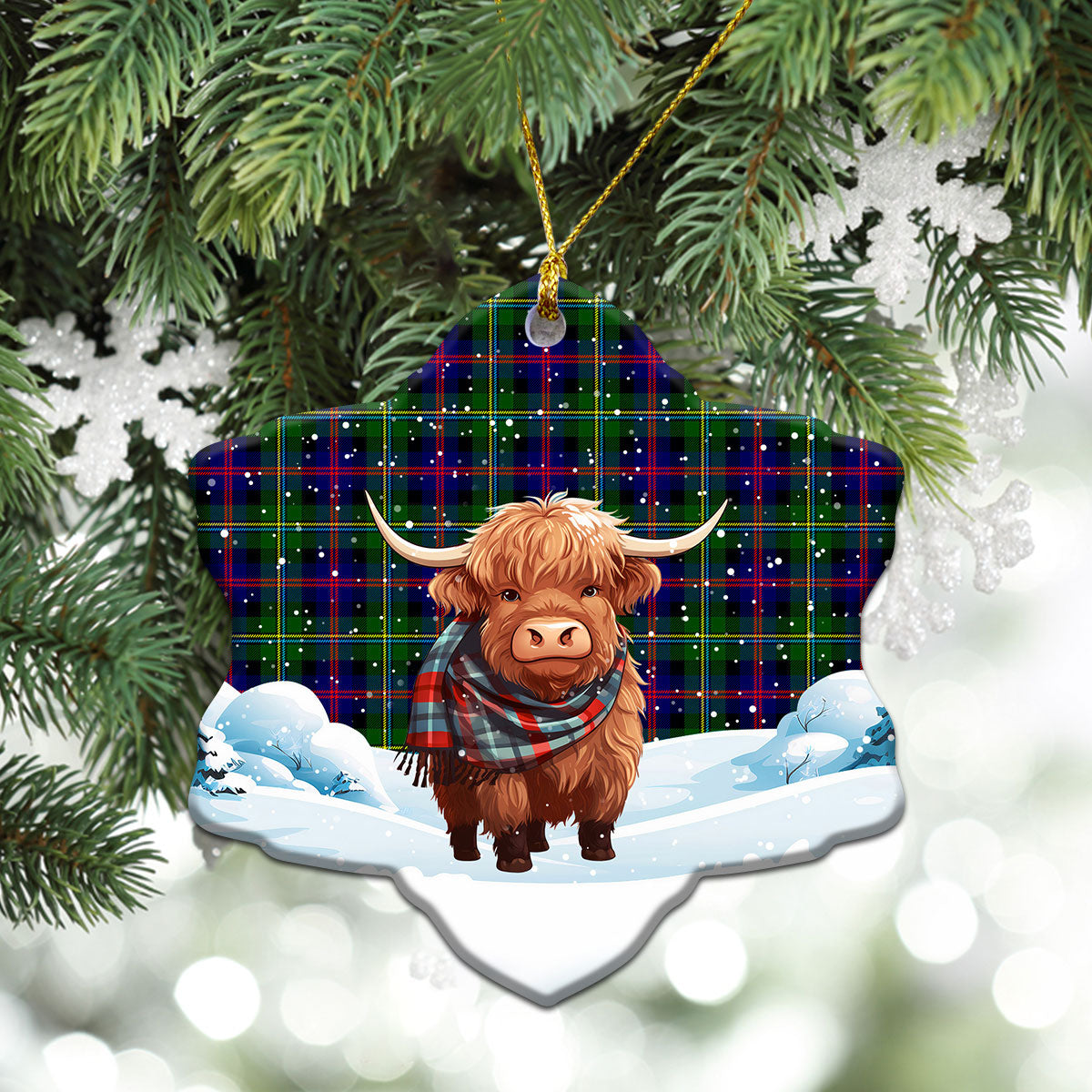 Malcolm (or MacCallum) Tartan Christmas Ceramic Ornament - Highland Cows Snow Style