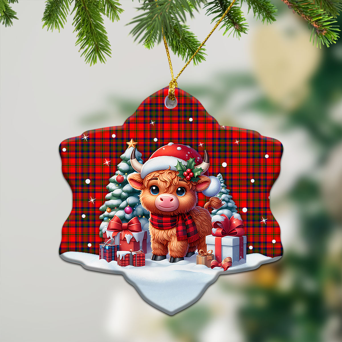 Matheson Modern Tartan Christmas Ceramic Ornament - Highland Cow Winter Style