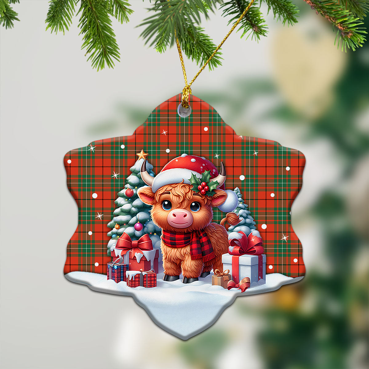 McAulay Ancient Tartan Christmas Ceramic Ornament - Highland Cow Winter Style