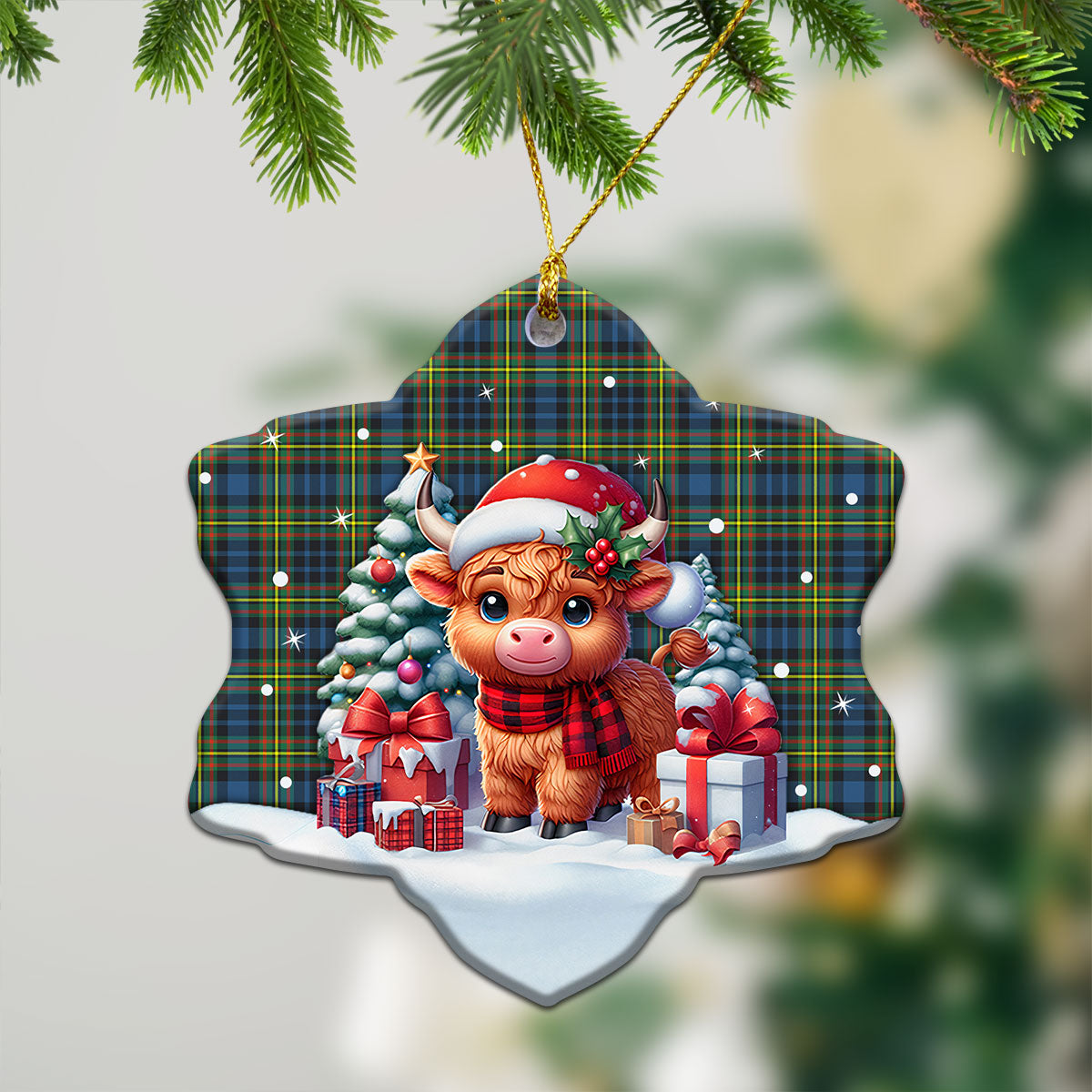 McClellan Ancient Tartan Christmas Ceramic Ornament - Highland Cow Winter Style