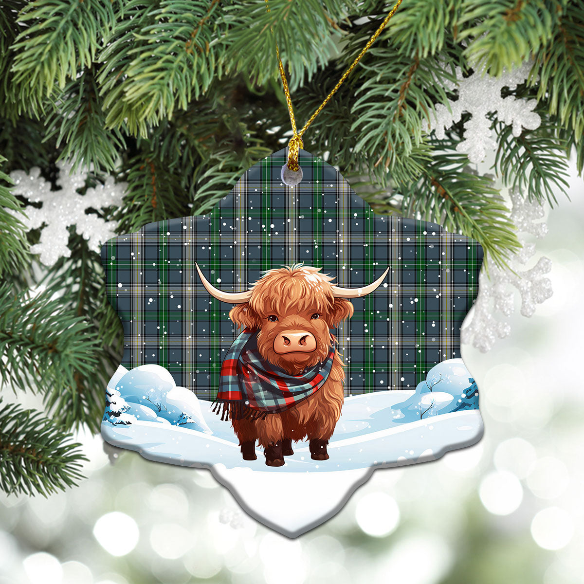 McDowell (MacDowell) Tartan Christmas Ceramic Ornament - Highland Cows Snow Style