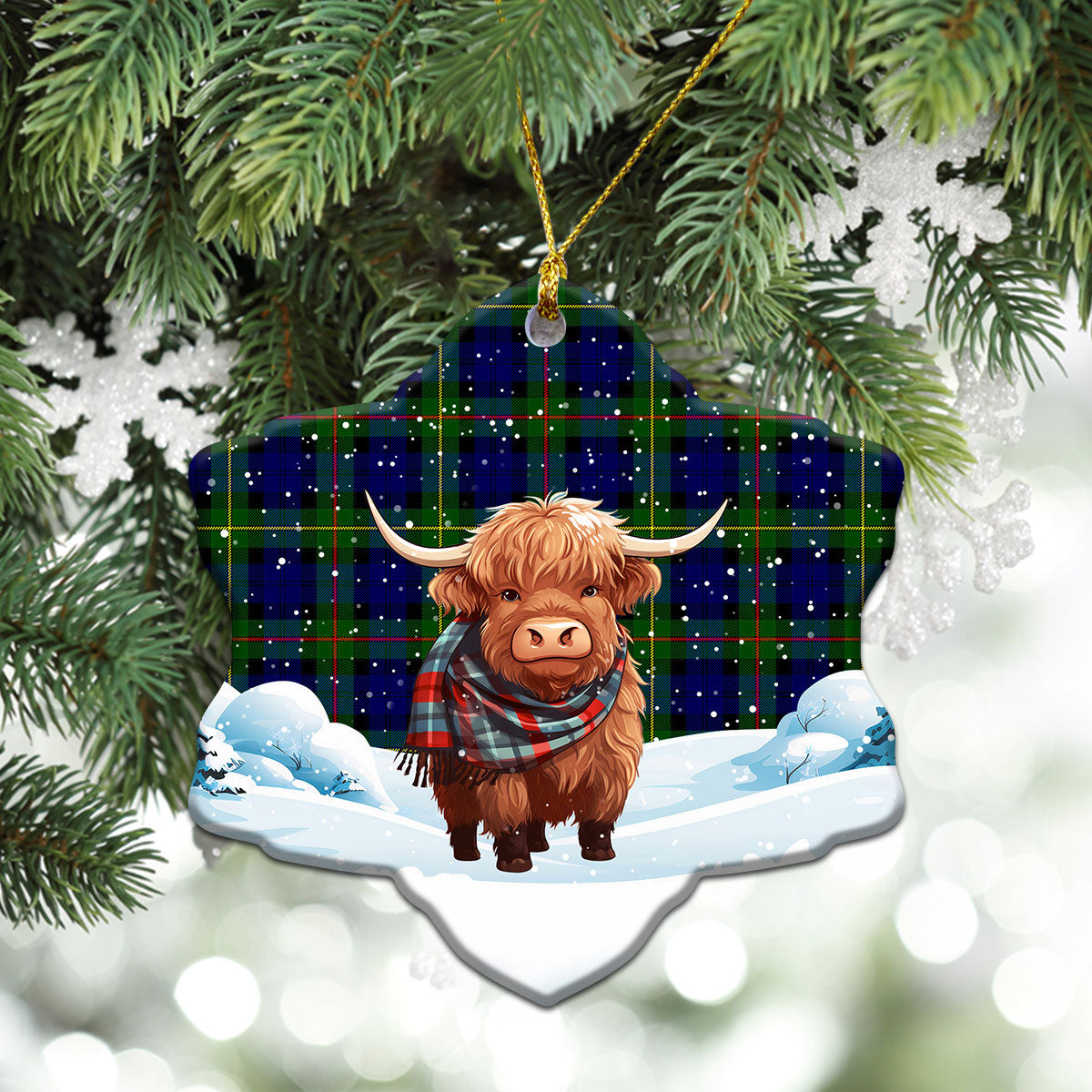 McEwan Modern Tartan Christmas Ceramic Ornament - Highland Cows Snow Style