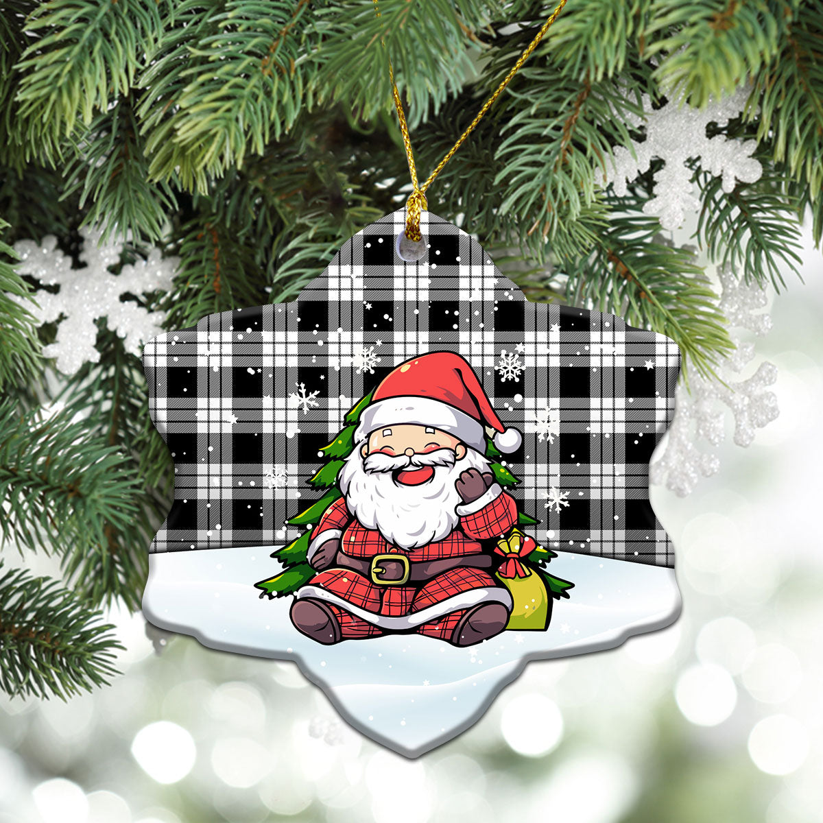 McFarlane Black _ White Tartan Christmas Ceramic Ornament - Scottish Santa Style