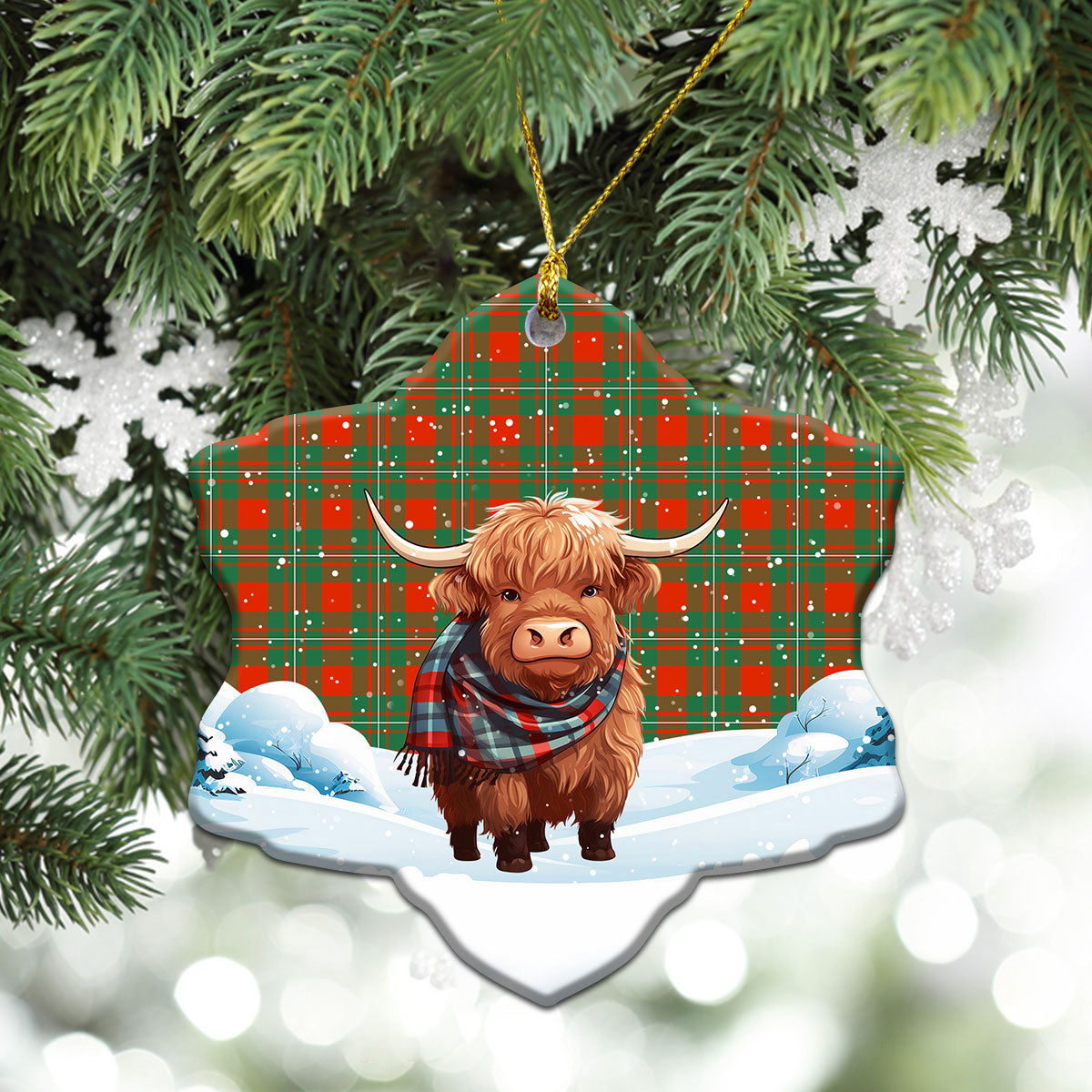 McGregor Ancient Tartan Christmas Ceramic Ornament - Highland Cows Snow Style