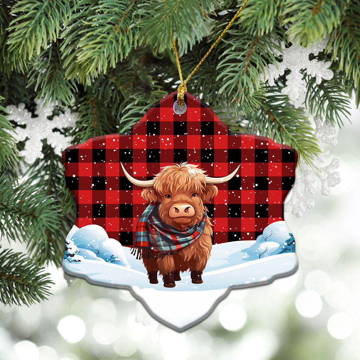 McGregor Rob Roy Modern Tartan Christmas Ceramic Ornament - Highland Cows Snow Style