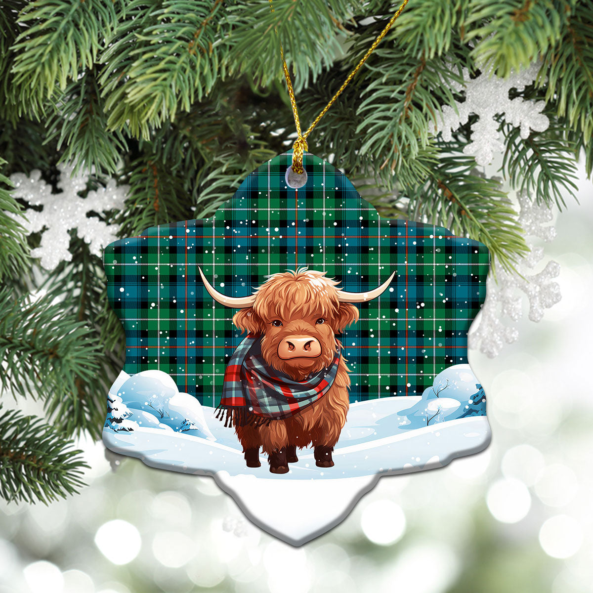 McKenzie Ancient Tartan Christmas Ceramic Ornament - Highland Cows Snow Style