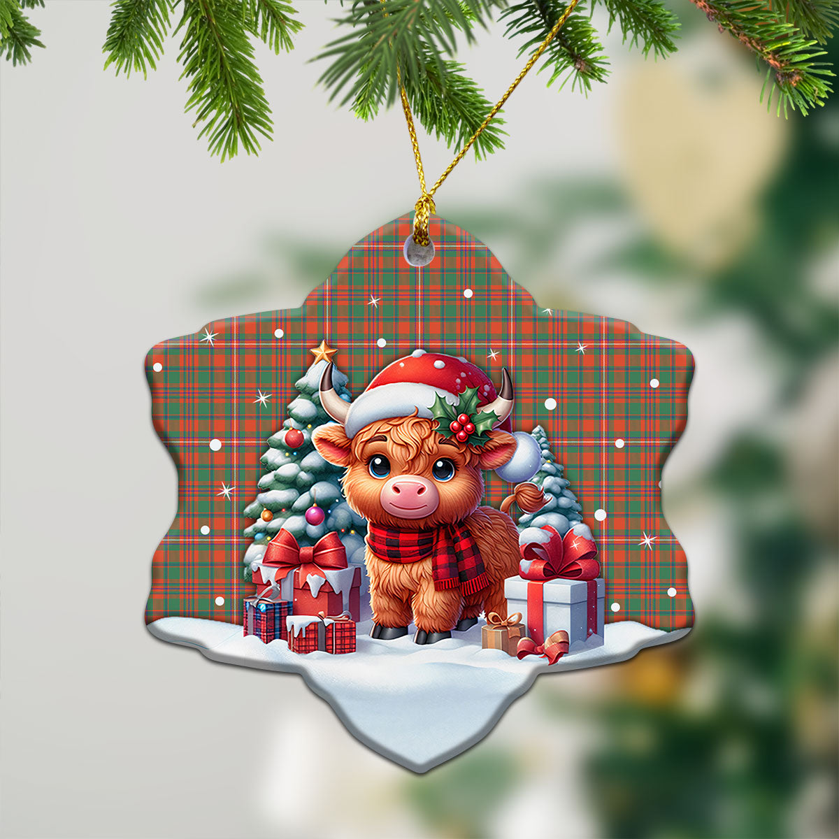 McKinnon Ancient Tartan Christmas Ceramic Ornament - Highland Cow Winter Style