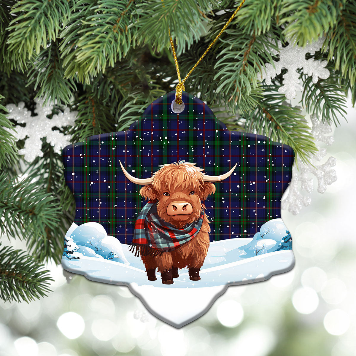 McLafferty Tartan Christmas Ceramic Ornament - Highland Cows Snow Style