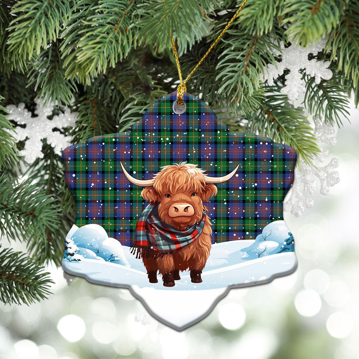 McLennan Ancient Tartan Christmas Ceramic Ornament - Highland Cows Snow Style