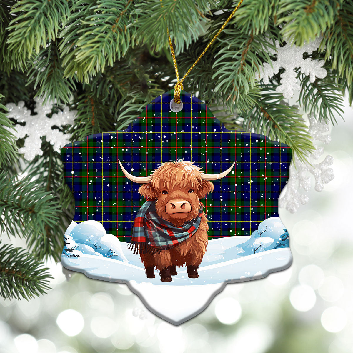 McLeod of Harris Modern Tartan Christmas Ceramic Ornament - Highland Cows Snow Style