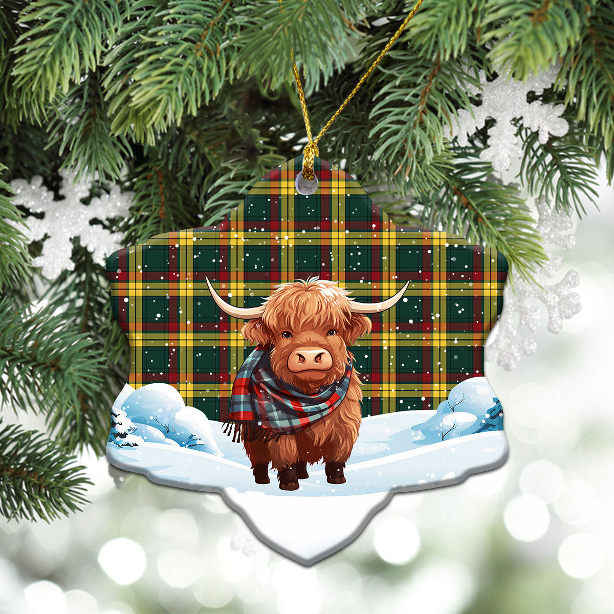 McMillan Old Modern Tartan Christmas Ceramic Ornament - Highland Cows Snow Style