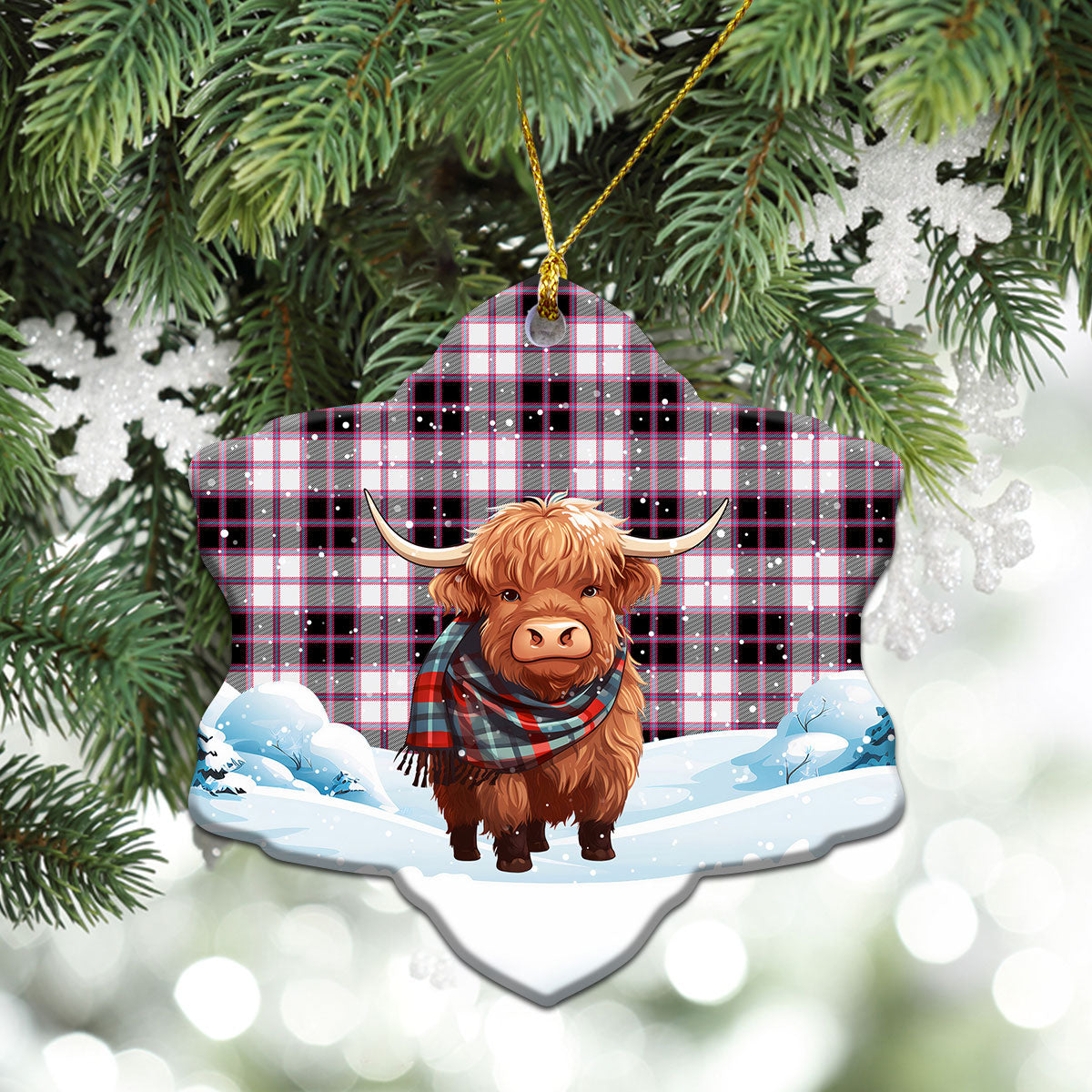 McPherson Hunting Modern Tartan Christmas Ceramic Ornament - Highland Cows Snow Style