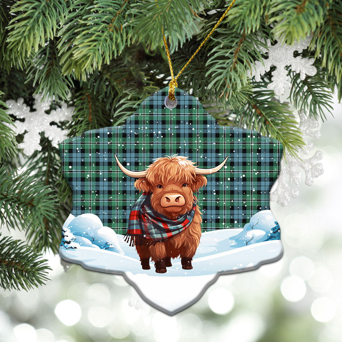 Melville Tartan Christmas Ceramic Ornament - Highland Cows Snow Style