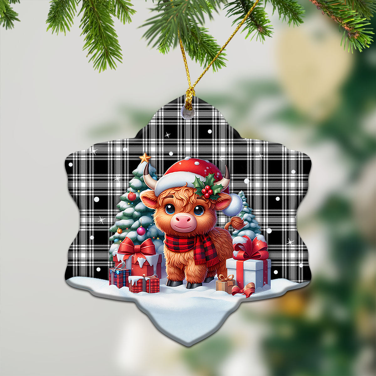 Menzies Black - White Modern Tartan Christmas Ceramic Ornament - Highland Cow Winter Style