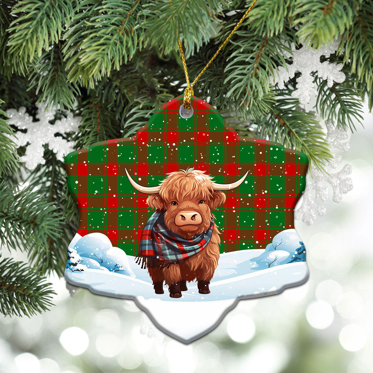 Middleton Modern Tartan Christmas Ceramic Ornament - Highland Cows Snow Style