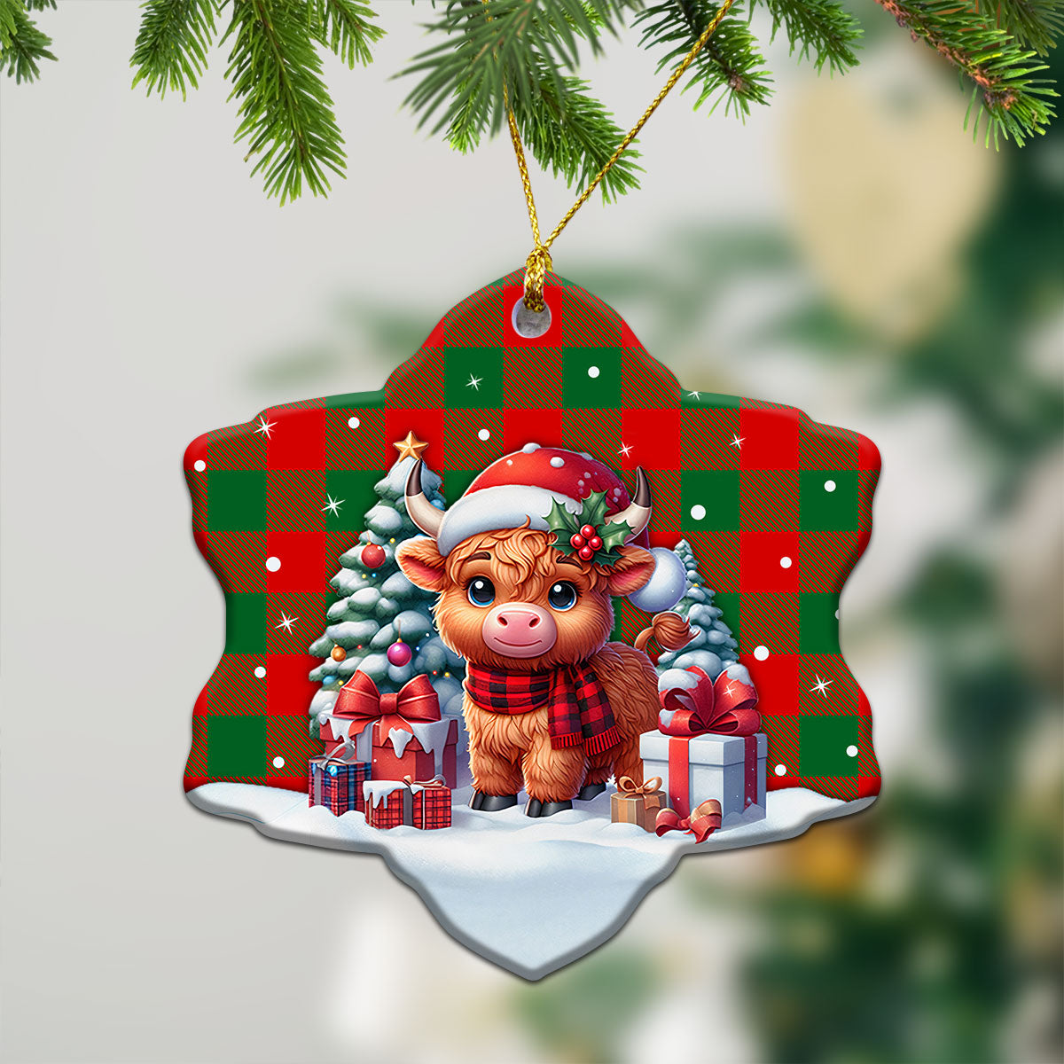 Moncreiffe (or Moncreiff) Tartan Christmas Ceramic Ornament - Highland Cow Winter Style