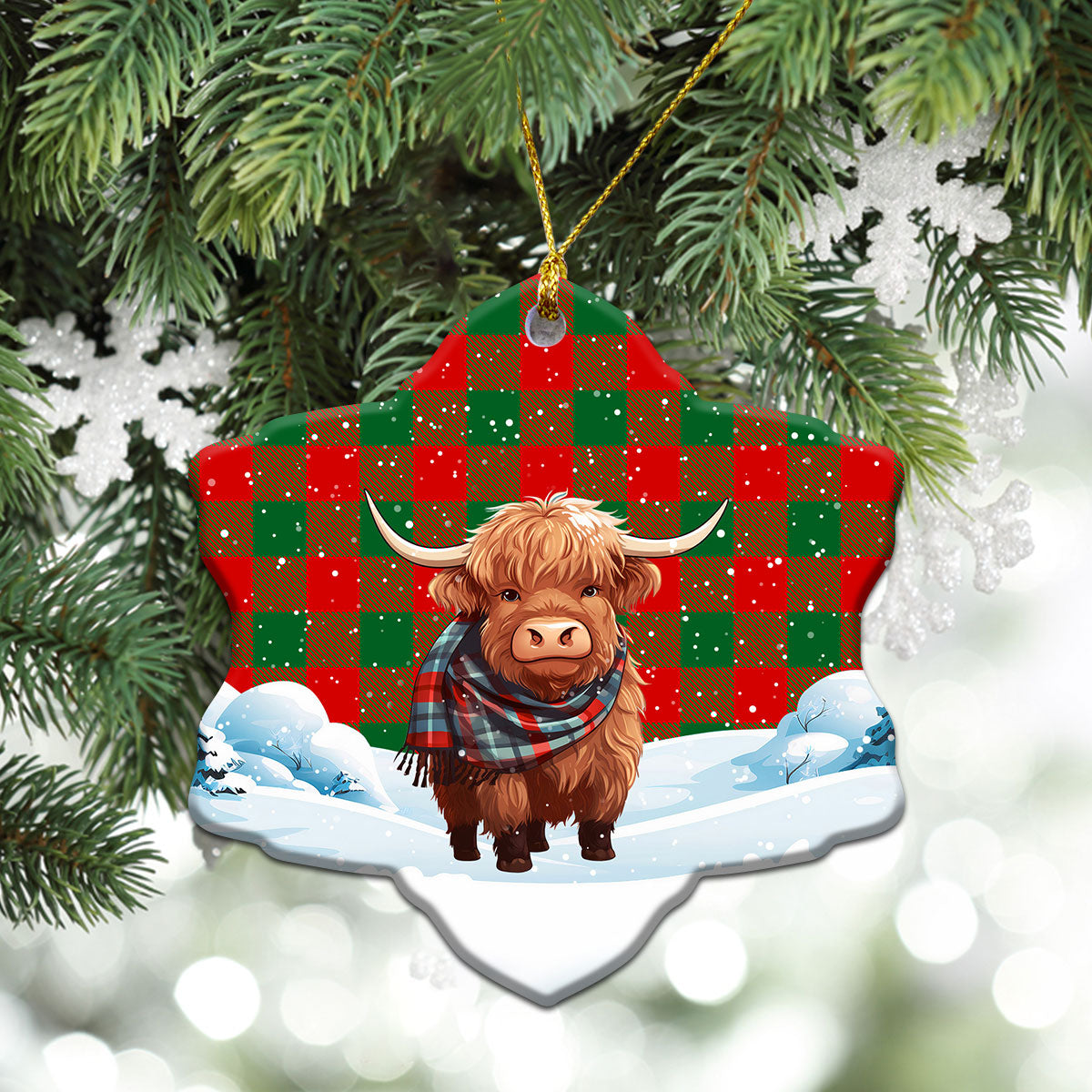 Moncreiffe (or Moncreiff) Tartan Christmas Ceramic Ornament - Highland Cows Snow Style