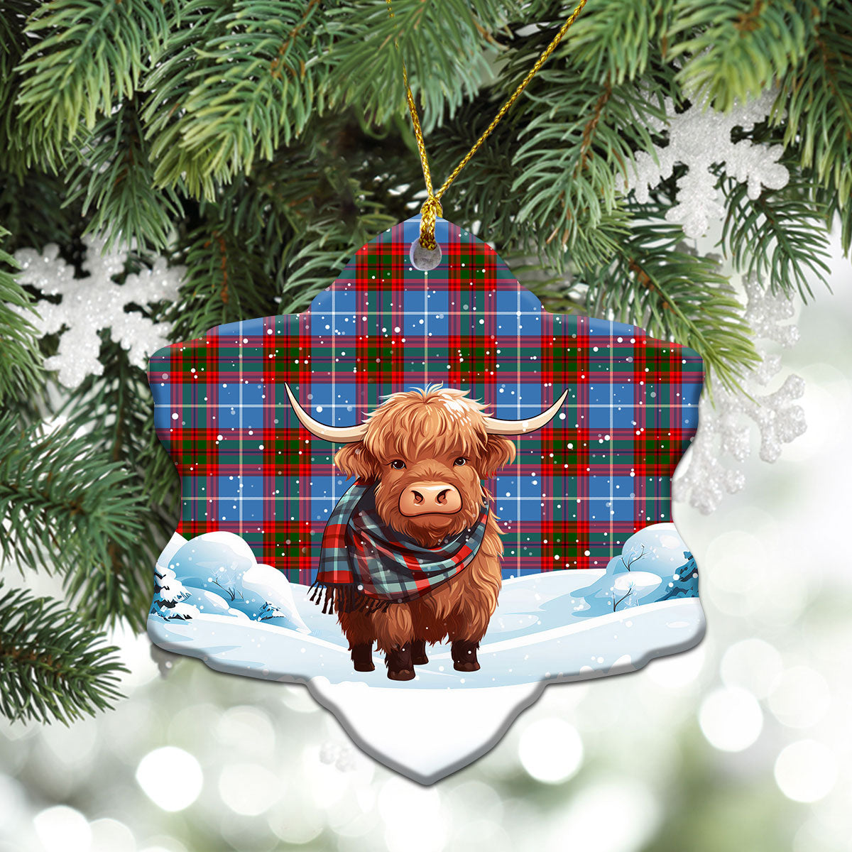 Preston Tartan Christmas Ceramic Ornament - Highland Cows Snow Style