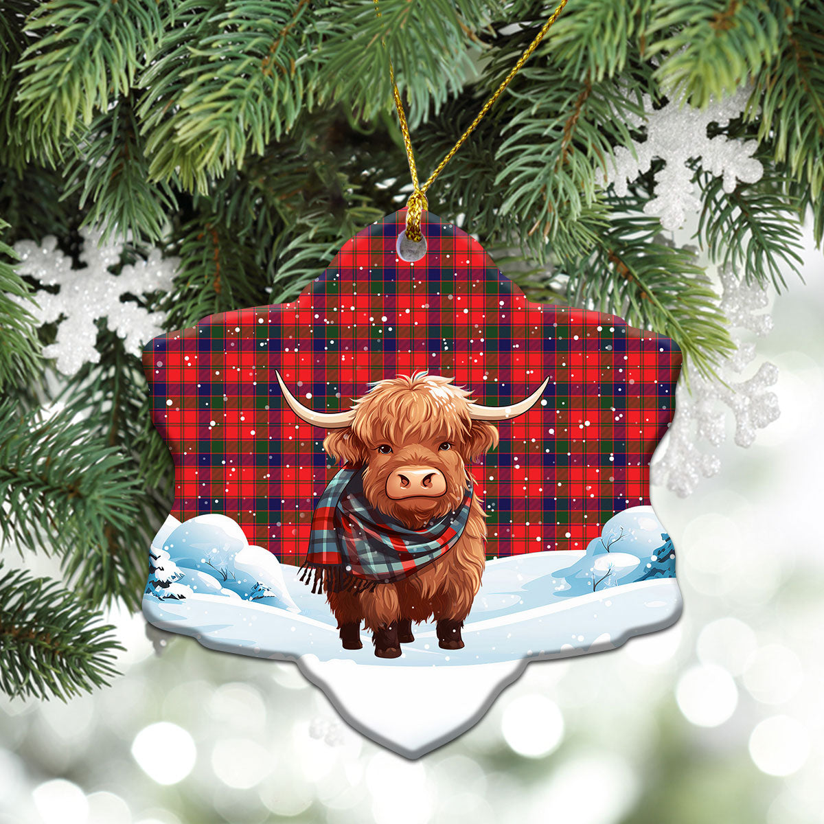 Reid Modern Tartan Christmas Ceramic Ornament - Highland Cows Snow Style