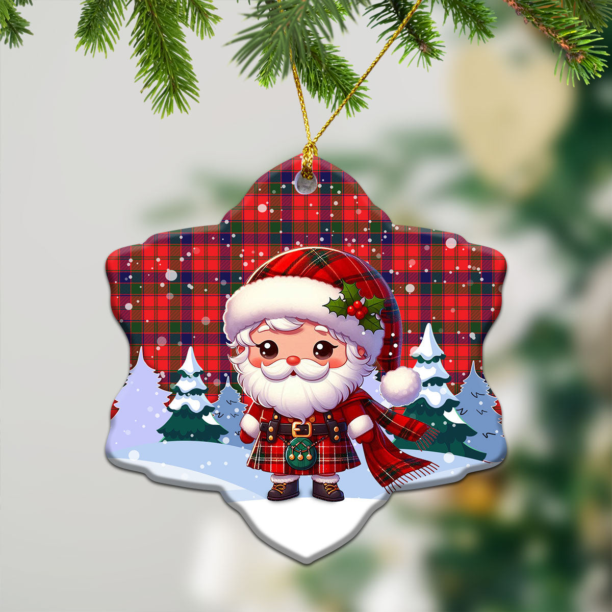 Reid Modern Tartan Christmas Ceramic Ornament - Santa Claus In Kilt Style