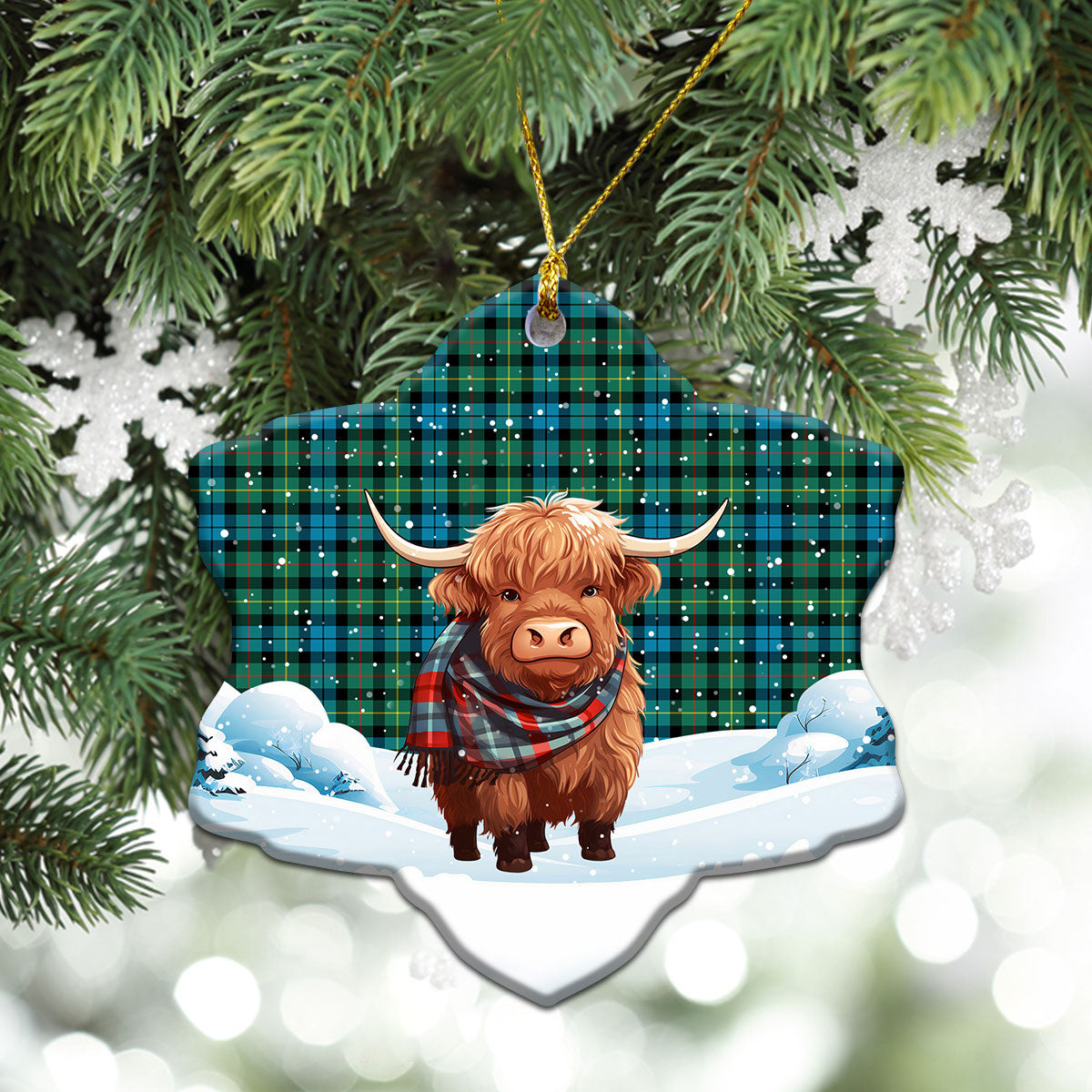 Rollo Ancient Tartan Christmas Ceramic Ornament - Highland Cows Snow Style