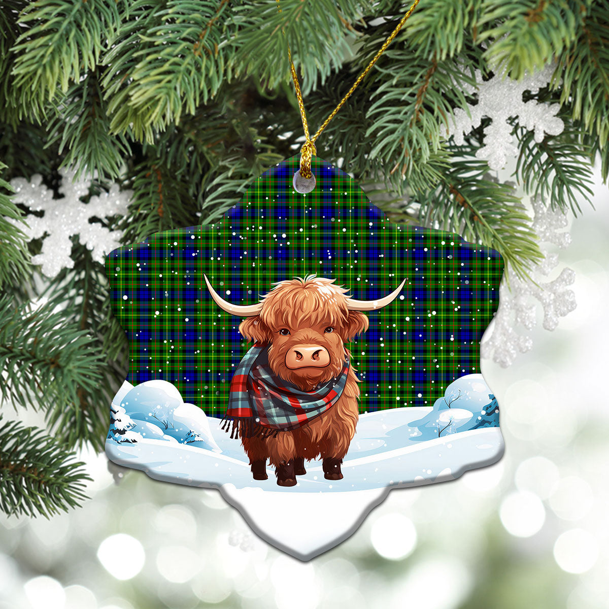 Rollo Modern Tartan Christmas Ceramic Ornament - Highland Cows Snow Style